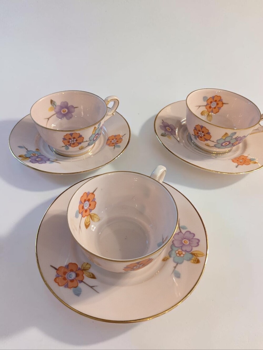 Vintage Johann Haviland Bavaria Fine China Teacup Saucer Set 3 Pink Floral Gold